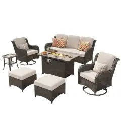 Ovios Orlando 7pc Brown Wicker Outdoor Patio Furniture Conversation Sofa Set with a Rectangle Fire Pit, Swivel Chairs and Cushions