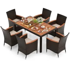 Costway 7 Pieces Outdoor Wicker Dining Set with Acacia Wood Table and 6 Stackable Chairs