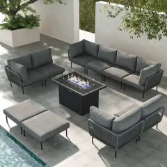 LayinSun 11 Pieces Rope Woven Patio Furniture Set, Modern Modular Sectional Sofa with Fire Pit Table and Upgrade Thickness Cushion