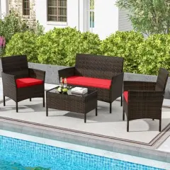 Tangkula 4 Piece Patio Rattan Conversation Set Outdoor Wicker Furniture Set with Chair Loveseat & Tempered Glass Table Cozy Seat Cushions
