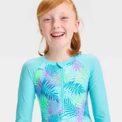 Girls' 'Beachy Palms' Leaf Printed One Piece Rash Guard Swimsuit - Cat & Jack&trade; Light Blue