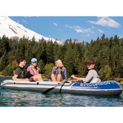 Intex Excursion 4-Person Inflatable Boat Set for Fishing and Boating with 2 Aluminum Oars, High-Output Air Pump, and Repair Kit, 1100 Pound Capacity