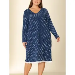 Agnes Orinda Women's Plus Size Polka Dots Lace Long Sleeve Nightgown