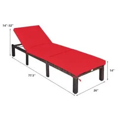 Tangkula 2-Piece Outdoor Rattan Chaise Lounge Chair Adjustable Backrest Recliner with Red Cushions