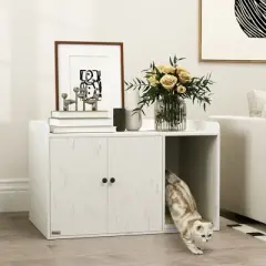 Cat Litter Box Enclosure, Hidden Washroom Furniture with Scratching Mat, Cat Hole, Indoor Pet House, 32" x 21" x 20", Distressed White