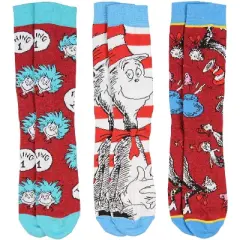 Dr. Seuss Socks Adult Cat In The Hat Thing 1 Thing 2 3 Pack Mid-Calf Crew Socks Multicoloured