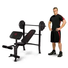 Marcy MKB-2081 Pro 14 Gauge Steel Home Gym Standard Weight Training Bench w/ 80 Pound Weight Set Including (2) 25 Pound Plates and (2) 15 Pound Plates