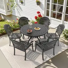 7-Piece Cast Aluminum Outdoor Dining Set: Round Table, Stackable Chairs & Blue Cushions - All-Weather Patio Furniture for Your Backyard