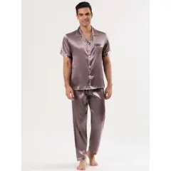 Lars Amadeus Men's Satin Pajama Sets Sleepwear Short Sleeves Button Down Night Wear Set