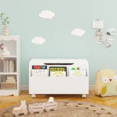 KTMBDW Wooden Toy Box, Kids Toy Storage Organizer with Front Bookshelf, Safety Hinge, Boys Girls Toy Chest Bench for Playroom Kids Room, White