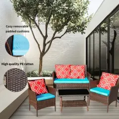 DOMETOUR Four-Piece Sofa Set Table With Sofa Chair PE Rattan Outdoor Furniture HY4-001 Box *1 With Sapphire Blue Color Cushion