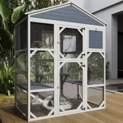 71" Wooden Outdoor Catio,Large Cat Enclosure with Waterproof Roof,3 Platforms And 2 Cozy Napping Houses-Maison Boucle