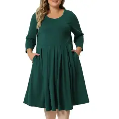 Agnes Orinda Women's Plus Size 3/4 Sleeve Round Neck with Pocket Flowy Dress