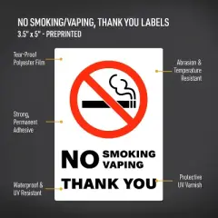 Avery No Smoking/Vaping Thank You Sign Label Stickers, Waterproof, UV Resistant, Preprinted, 5" x 3.5", 8 Stickers