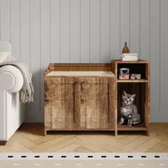Cat Litter Box Enclosure with Storage Shelve Adn Wooden Barn Door, Hidden Litter Box Cabinet, End Table Style Indoor Cat House Fits Most Litter Boxes