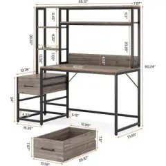 JUJABU 55-Inch Computer Desk with Hutch, 2 Drawers, Open Shelves, Modern Home Office Storage & Gaming/Writing Workstation
