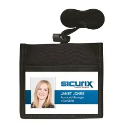 SICURIX ID Neck Pouch Badge Holder, Horizontal, Adjustable Cord, 4" x 2-1/4" Insert, Black, Pack of 6