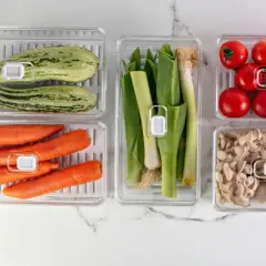 OU Fridge Organizer Bin with Vented Lid, Clear Stackable Refrigerator Storage Bin, Produce Kitchen Storage Container, 11.8" Depth, BPA Free
