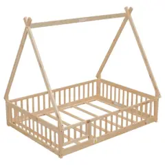 JUJABU Full Tent-shaped Floor Bed with Guardrails, Slats and Door