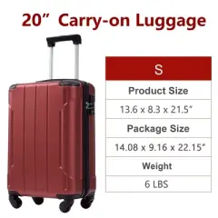 Syemin Luggage 20" Luggage, Hardshell ABS Suitcase with Spinner Wheels Lightweight Durable Large Capacity Travel Luggage, Red, 13.6"*8.3"*21.5"