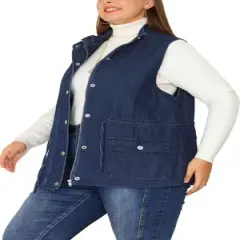 Agnes Orinda Women's Plus Size Utility Anorak Cargo Drawstring Jean Denim Jacket Vest