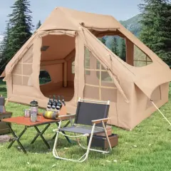 Costway 4-6 People Inflatable Tent with 4 Mesh Screen Windows 2 Doors Skylight Carrying Bag Green/White