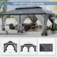 ALAULM 12' x 20' Hardtop Outdoor Metal Gazebo with Galvanized Steel Double Roof Canopy