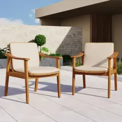 Outdoor Dining Chairs Set of 2,Acacia Wood Dining Chairs with Cushions for Garden or Balcony,Weather Resistant Patio Arm Chairs-Coolbibila