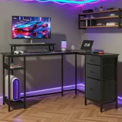 GALAXHERO 55-Inch L-Shaped Gaming Desk, Corner Computer Desk with Storage, Power Outlets & LED Lights, Office/Gaming Desk for Bedroom