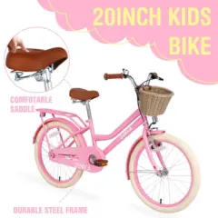 INFURNIC Bicycles Multiple Colors Girls Bike with Basket for 7-10 Years Old Kids 20 inch wheel No Training Wheels, Pink, 55.51"*21.26"*32.48"