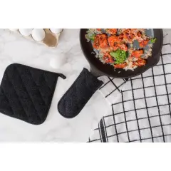Design Imports  Terry Handle Potholder Set 3 Piece Black 6X3"