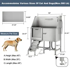 Pet Bath Tub - 50'' Professional Stainless Steel with Retractable Stairs, Faucet/Showerhead, Washing Gloves, for Large/Medium/Small Pets