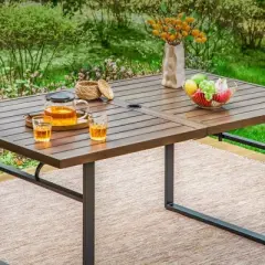 7pc Patio Dining Set with Rectangular Faux Wood Table with Umbrella Hole & Folding Reclining Chairs - Captiva Designs