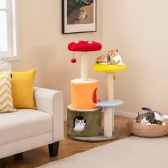 Tangkula 43" Tall Cute Cat Tree w/ 2 Condos Padded Platforms Sisal Scratching Posts
