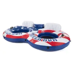 Intex 56855VM River Run Inflatable American Flag 2 Person Water Lounge Pool Tube Float with Cooler, Cup Holders, and Easy Patch Repair Kit (2 Pack)