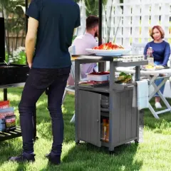 Outsunny Outdoor Grill Cart with Wheels, Storage Cabinet, Solid Wood Outdoor Kitchen Island with Stainless Steel Top, Integrated Hole