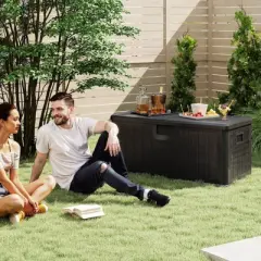 Costway Storage Box with Lockable Design & Gas Strut Handle 2 Person Bench Garden Organizer Brown/Black/Gray/Brown+Black