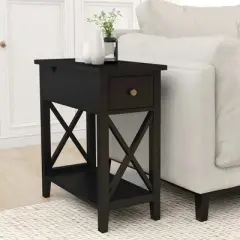 ORRD Flip Top End Table with Drawer, 2-Tier Narrow Side Table Nightstand for Small Spaces, Living Room & Bedroom Storage，Black