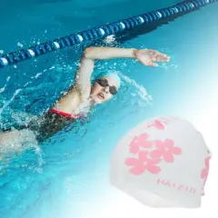 Unique Bargains Silicone Waterproof Swim Cap Pink White 1 Pc