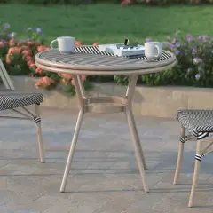 Emma & Oliver Massalia Indoor/Outdoor Bistro Style 31.5 in. Table with Textilene, Glass Top, and Bamboo Finished Metal Frame