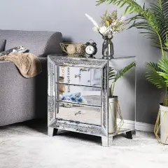 VINGLI Mirrored Nightstand Glass End Table, 23" W Silver Night Stand for Bedroom, Mirrored Bedside Table with Storage, Glass Mirror Nightstand