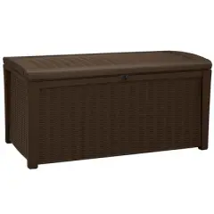 Keter Borneo 110 Gallon All Weather Weatherproof Rattan Wicker Resin Outdoor Backyard Patio Porch Deck Organization Storage Box Bench, Brown (2 Pack)