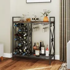 MOEPISY 21 Bottle Wine Rack Freestanding Floor Wine Bottle Organizer with Glass Holder Rustic Brown
