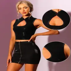 Allegra K Women's Slim Fitted Sequins Sleeveless Cut Out Front Crop Tank Top