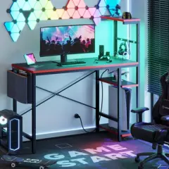 Bestier 44&rdquo; Gaming Desk with Power Outlets & USB Ports, LED PC Gamer Desk with 4-Tier Storage Shelves, Computer Office Desk for Small Spaces