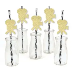 Big Dot of Happiness Gold Glitter Movie Camera Party Straws - No-Mess Real Glitter Cut-Outs and Decorative Movie Night Party Paper Straws - Set of 24