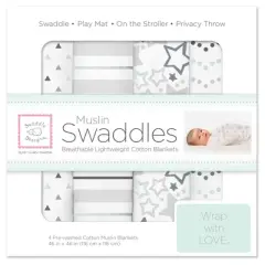SwaddleDesigns Cotton Muslin Swaddle Blankets - Starshine Shimmer - 4pk - Sterling Gray
