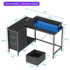 Reversible L Shaped Desk with Power Outlet and 3 Drawer, Computer Desk with Led Lights, Home Office Desk with Monitor Stand,Study Writing Gaming Desk
