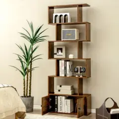 Costway 1 PC Bookshelf w/Cabinet 6-Tier S-Shaped Bookcase Storage Rack Rustic Brown\White