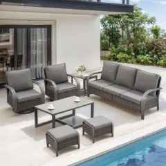 Belord 7PCS Outdoor Patio Furniture Set, All Weather Brown Wicker Outdoor Conversation Set with Sofa, Swivel Chair, Ottoman, Coffee Table, Side Table